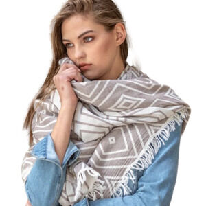 Aztec Throw Blanket Wrap Scarf Free Hand Design Taupe Tan White Organic Cotton